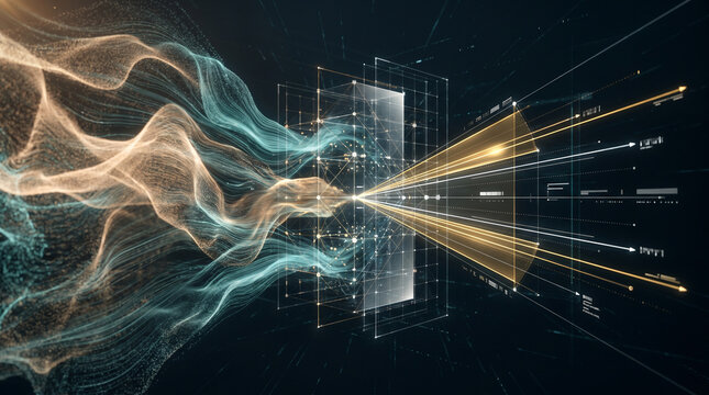 Futuristic data visualization with glowing lines and abstract shapes