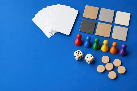 Blank cards pawns dice and tiles for board game design
