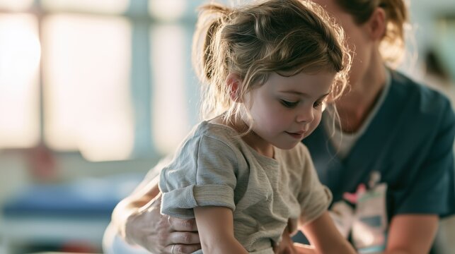 A physical therapist assisting a child with Pompe disease during a muscle strength exercise session, gentle supportive interaction, bright rehabilitation clinic interior