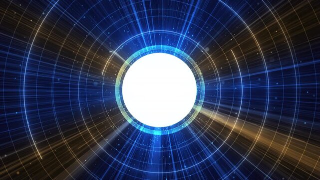 Glowing circular lines particle rays energetic technology tunnel central portal. Dynamic software intros, virtual reality, gaming, network visuals, innovation, business events, modern title graphics.