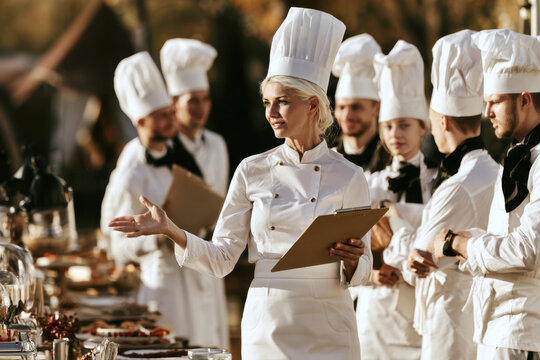 Chef leading culinary team outdoors with clipboard, white uniforms and tall hats beside prepared dishes at a warmly lit al fresco dining setting