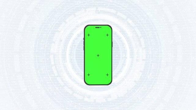 Mobile phone rich green display tracking markers digital background. chroma key animation interface demos, social media content, application previews, technology advertising, tutorials, device mockups