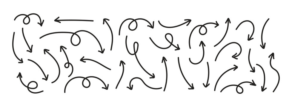 Arrow vector line set. Curved shape doodle brush element arow. Squiggly scribble direction up down abstract pointer. Change plan abstract stroke Vector illustration