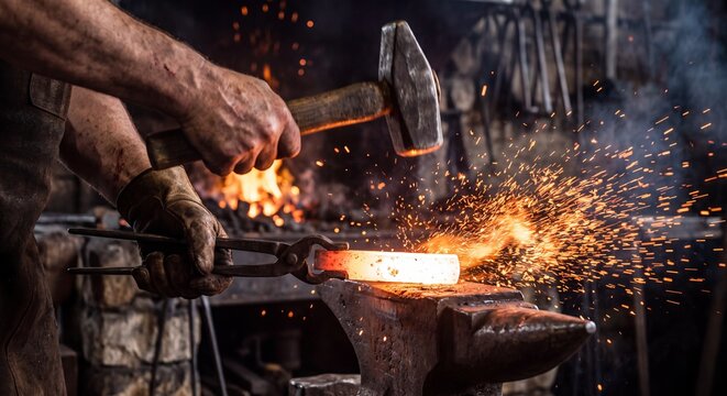 Blacksmith hammering glowing hot metal on an iron anvil inside a traditional rustic workshop with blacksmith strikes piece metal heavy hammer