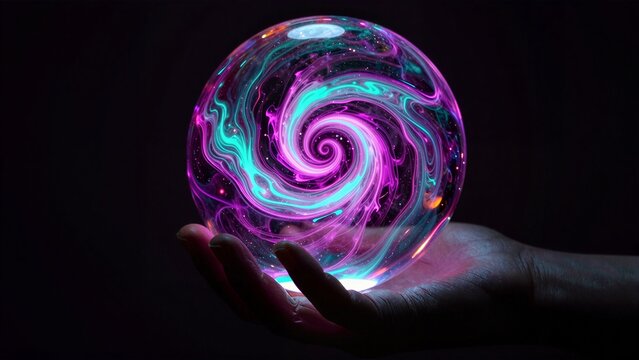 Hand cradles glowing, swirling galaxy in a crystal orb against dark backdrop.