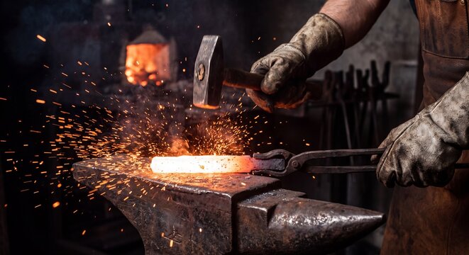 Blacksmith hammering glowing hot metal on an iron anvil in a traditional dark forge workshop with blacksmith wearing protective protective gloves strikes