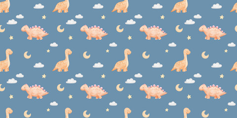Cute baby dinosaurs on dark blue background, watercolour seamless pattern. Repeating nursery hand painted backdrop with moon and clouds for textiles and paper. © Elena