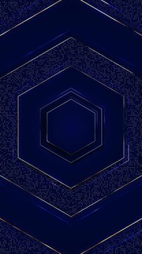 Layered navy hexagons gold outlines metallic panels central copy space. Premium motion tech branding, corporate presentations, luxury events, award graphics, product showcases, titles, logo reveals.