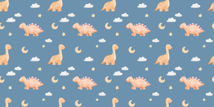 Cute baby dinosaurs on dark blue background, watercolour seamless pattern. Repeating nursery hand painted backdrop with moon and clouds for textiles and paper.