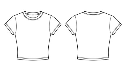 Obraz premium Slim-fit crop t-shirt technical fashion illustration with crew neckline, short sleeves, short length. Flat feminine basic apparel template front, back, white color. Women girl top CAD mockup
