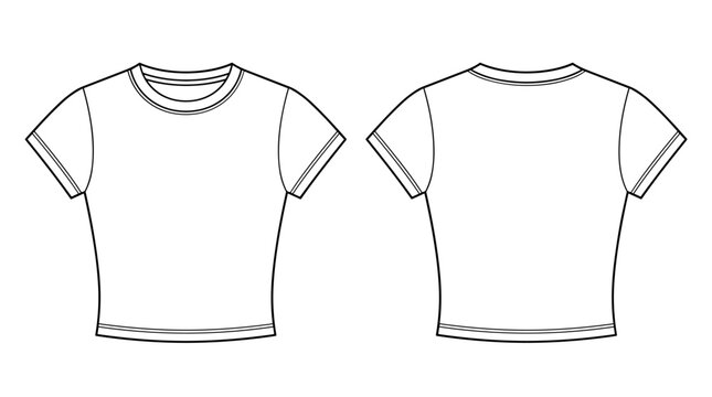 Slim-fit crop t-shirt technical fashion illustration with crew neckline, short sleeves, short length. Flat feminine basic apparel template front, back, white color. Women girl top CAD mockup