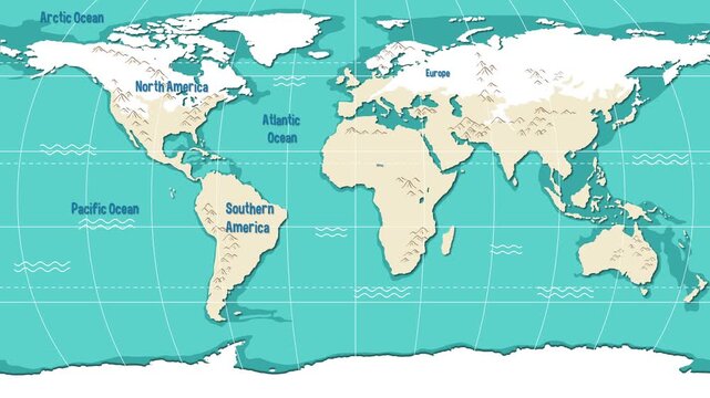 Animated world map showing continents oceans and penguins moving across Antarctica and southern lands.