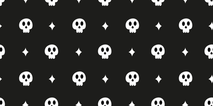 Seamless pattern with skull and stars. Halloween background. Goth black style. Vector flat illustration.