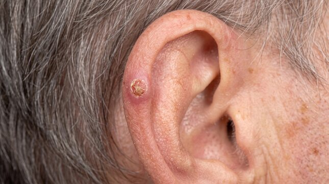 Close up of keratoacanthoma or squamous cell carcinoma lesion on senior ear cartilage