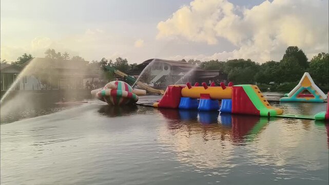An amusement park situated on a tranquil river in Thailand, featuring stunning waterfront scenery and reflections on the water that capture the essence of nature, tourism, and local modes of travel al