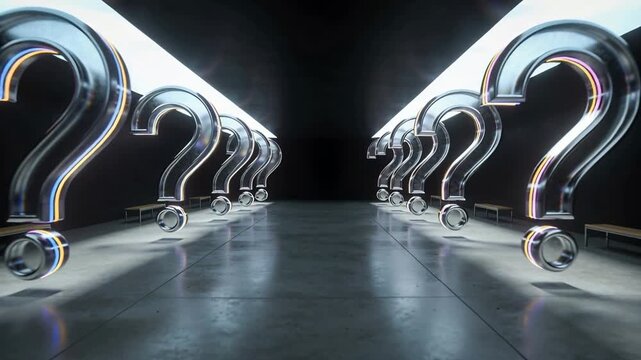 Rolling camera revealing question mark sculptures moving toward dark vanishing point in gallery