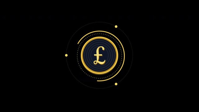 Animated pound sterling symbol coin with glowing golden particles and circular motion on black background, finance concept