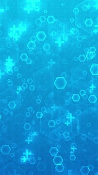 Hexagons medical plus float clean blue technology background. healthcare presentations, hospitals, telemedicine, pharmaceutical research, diagnostics, insurance, clinical services, wellness campaigns.