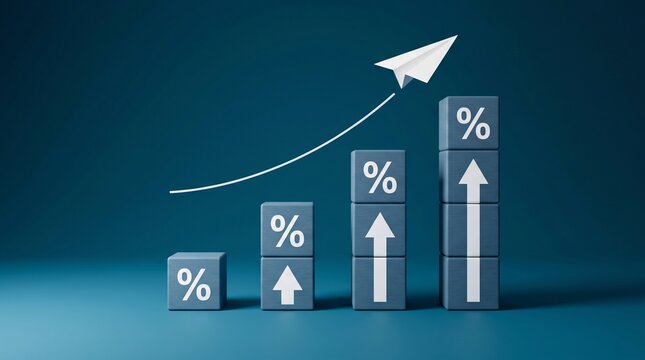Concept of interest rate growth and financial success with rising charts and paper airplane