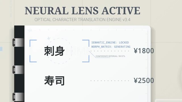Neural lens augmented reality optical character translation engine scanning and translating a Japanese food menu into English in real-time with futuristic user interface