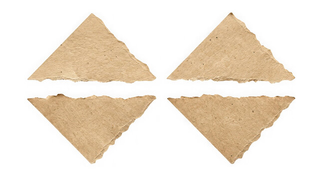 Four triangular pieces of torn brown cardboard isolated on transparent background