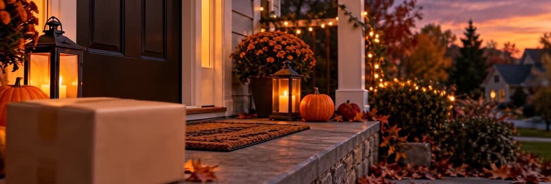 Halloween parcel delivery on decorated home porch, website banner with copy space
