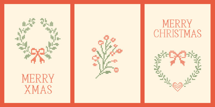 Merry Christmas cross stitch greeting cards collection. Vintage pixelated needlework banner with handmade winter holiday wreath, floral branch, and heart ornament graphic vector illustration.