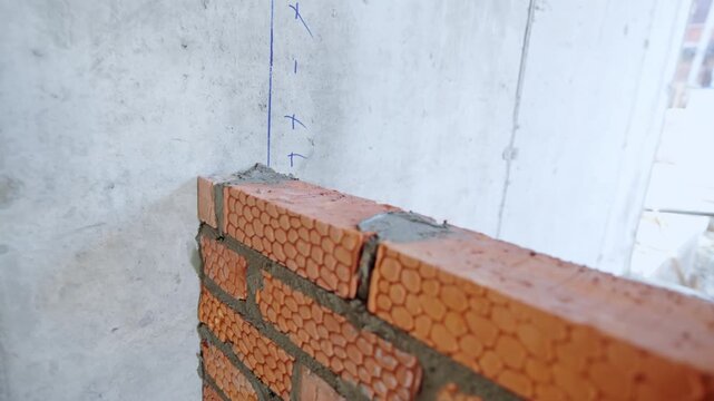 Skilled construction worker spreads fresh mortar along bricks. Experienced bricklayer wears yellow protective gloves to protect hands