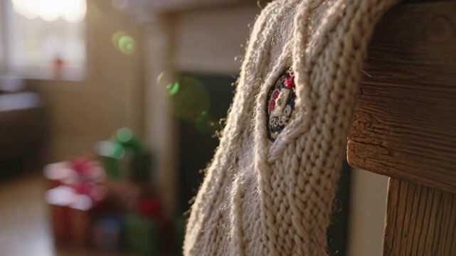 Moving camera bringing cream-knit garment into focus by mantel patch sun-flare wood-edge gifts