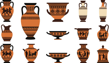 Traditional antique Greek pottery collection featuring terracotta amphora vases jugs and kraters with authentic historical black figure illustrations © MSTRUBINA