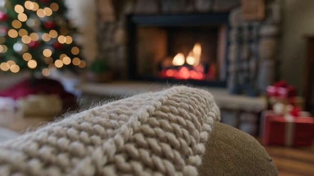 Zooming camera revealing chunky throw on sofa armrest at home showing texture with fireplace and t