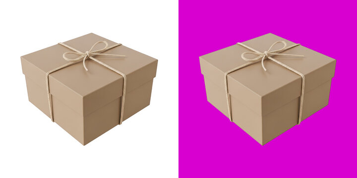 Beige cardboard gift box with tied string bow 3D render transparent png