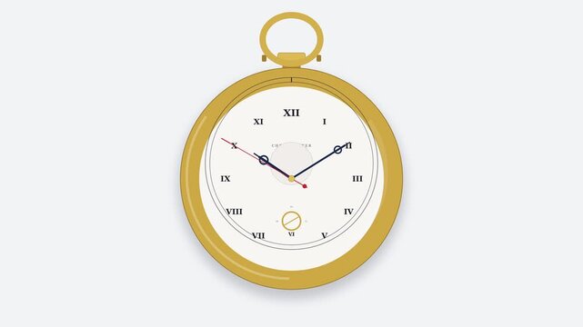 pocket watch motion graphic loop, time passing, vintage style clock face with roman numerals, analog hands moving
