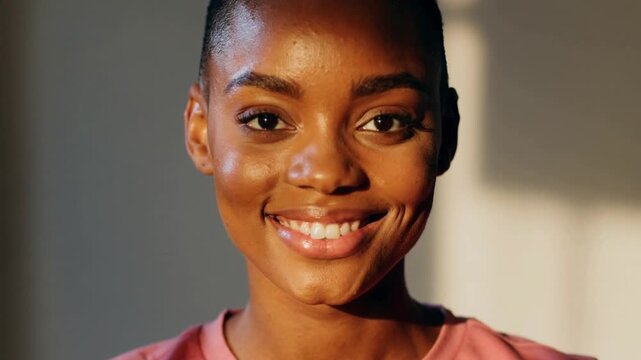 Smiling woman wearing plain pink crew-neck top responding to warm window light in studio