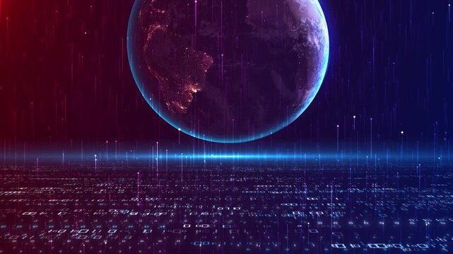 Globe hovers coded floor filled signals numbers. motion background, blockchain, internet connectivity, digital transformation, analytics, virtual reality, innovation, global business, data science.