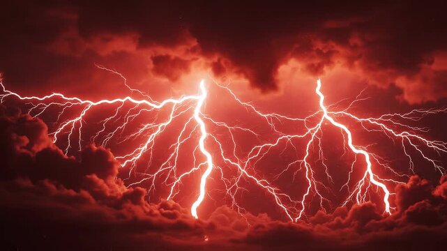 Crimson lightning strikes through dramatic dark clouds during a powerful storm with electric energy