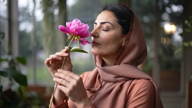 Inspecting pink peony, woman wearing brown hijab and modest top smelling bloom in sunroom for scent