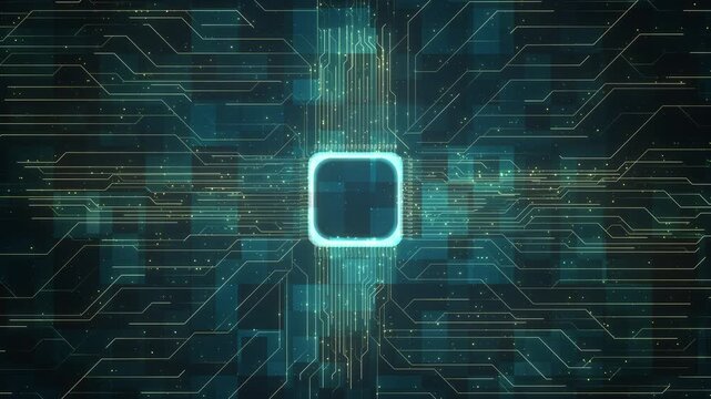 Central computer core circuitry light pulses travel connected paths. High tech semiconductor development, machine learning, hardware engineering, cloud service, robotics, analysis, data processing.