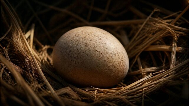 Speckled brown bird egg rests securely inside a rustic woven straw nest under warm lighting