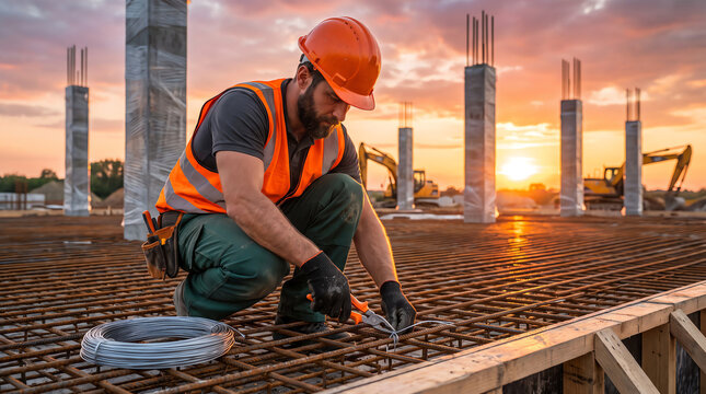 Construction worker tying steel rebar reinforcement with wire tool at construction site
