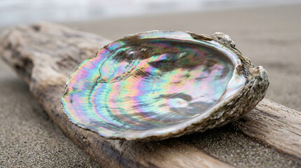 Obraz premium Iridescent Abalone Shell Resting on Beach Driftwood