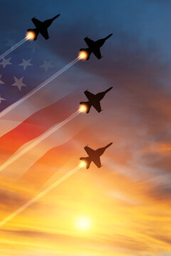 Air Force Day. Aircraft silhouettes on background of sunset with a transparent American flag. Vertical poster.