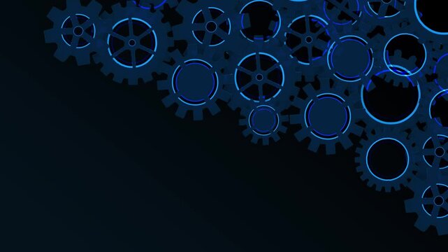 Interlocking blue gears cogs fill corner open area provides copy space. Mechanical engineering, automation, manufacturing, teamwork, productivity, industrial process, business strategy, innovation.