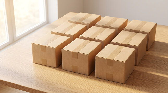 A neat arrangement of 12 square boxes ready for shipping on a wooden table in a well-lit delivery room