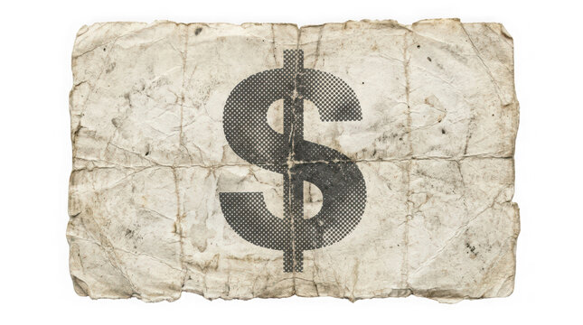 Us dollar sign symbol printed on old crumpled paper texture isolated on transparent background