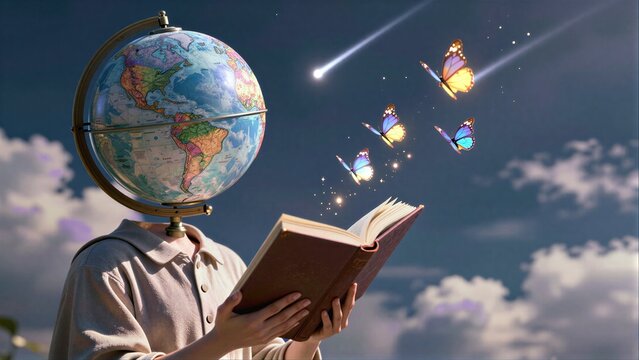 Globe-headed reader holds book, butterflies flutter through starry sky.