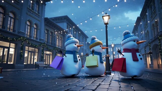 Walking three snowmen with hats carrying bags across dusk shopping street snowing, for gifts