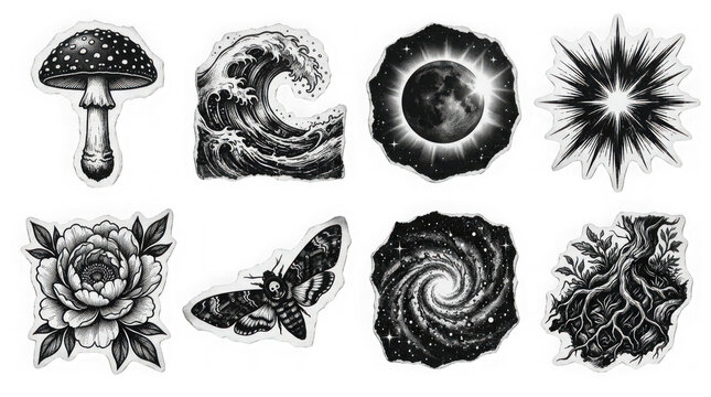 Set of eight black and white ink style illustrations isolated on transparent background