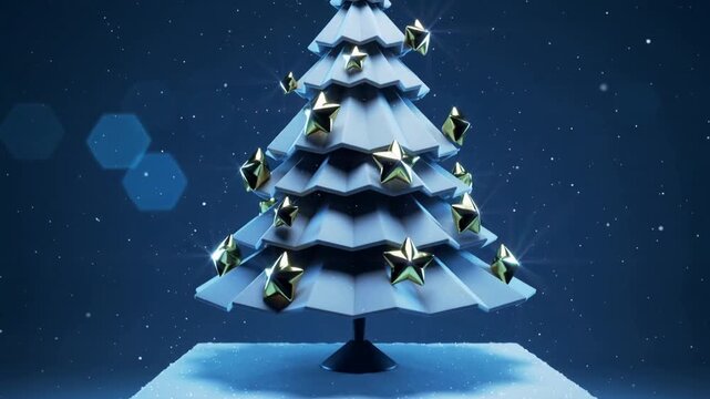 Rotating tiered conical tree showcasing gold star reflections on snow pedestal, camera panning