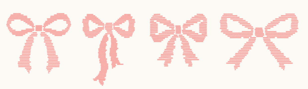 Cross stitch ribbon bows set graphic illustrations isolated on white background. Whimsical pixelated embroidery needlework designs for wedding invitations, nursery decor, decorative textile crafts.